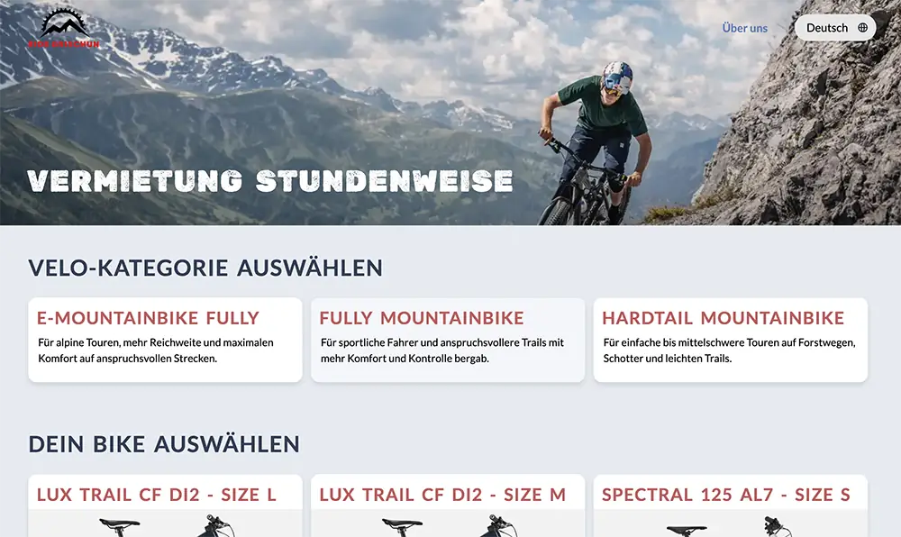 Screenshot der Modell-Buchungsseite Grischun Ride Mountainbike-Verleih mit Tages- und Stundenbuchung
