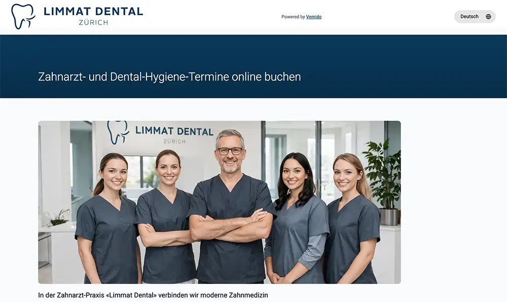 Screenshot der Buchungsseite Limmat Dental mit Auswahl zahnmedizinischer Behandlungen und automatischer Terminverteilung auf mehrere Behandler